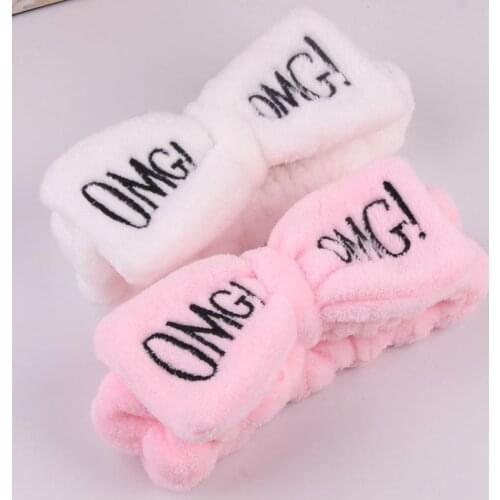 Coral Fleece Makeup Headband OMG Letter Women Head Wrap Soft Washing Face Turban Bow Hairband Hair Turban Accessories Wholesale