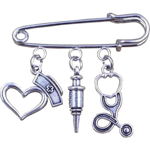 Retro Silver Plated Metal Alloy Brooch Caduceus Nurse Cap Medical Needle Syringe Stethoscope Jewelry Women Men Gift BK006-028
