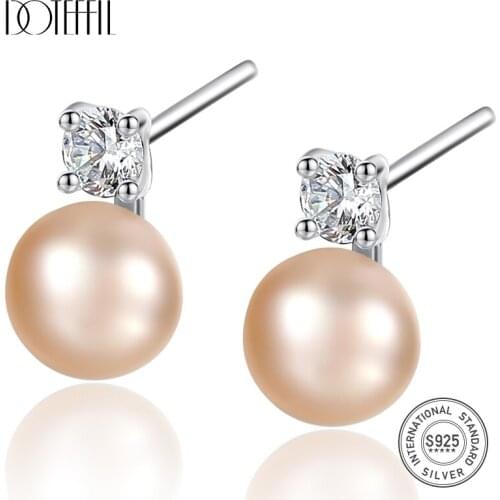 DOTEFFIL 925 Sterling Silve Natural Freshwater Pearl AAA Crystal Stud Earrings For Women Wedding Fashion Charm Jewelry
