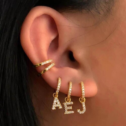 1 piece Gold cz 2 color clear cz 26 Initial charm circle dangle drop earring AAA CZ name letter Alphabet earringS