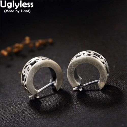 Uglyless Real 999 Fine Silver Handmade Engraved Women Hollow Dress Earrings Vintage Ethnic Ears Hoop Thai Silver Brincos Bijoux