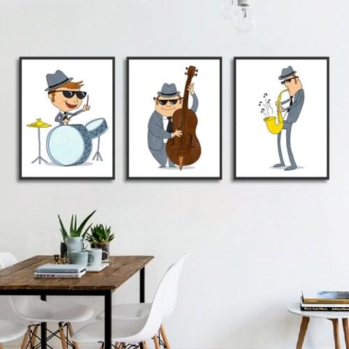 Nordic Minimalist Watercolor Canvas Painting Cartoon Jazz Band Playing Music Posters Wall Art Picture for Kids Room Decoration