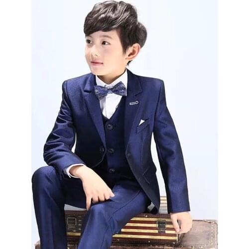 Dark Blue One Button Wedding Suits For Boy Notch Lapel Suits Children Party Tuxedos boys Smoking blazer (jacket+pant+vest)