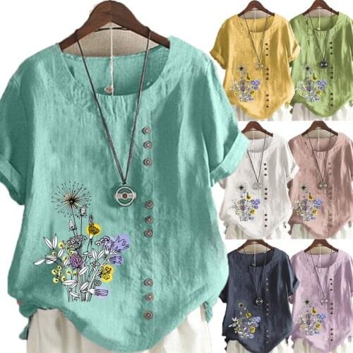 Womens New Fashion Summer Floral Printed Round Neck Short Sleeve T-shirt Casual Loose Solid Color Blouse Tops Plus Size