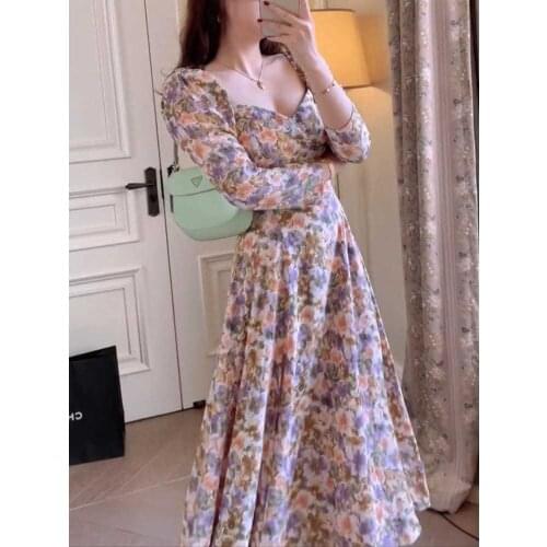 Maxi Dresse Women Vintage Floral Side Slit Long Sleeve Female Elegant Spring Summer Beach Ladies Streetwear Bodycon Vestido
