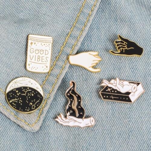 Gold Black White Enamel Pin Gesture Witch Book Wizard Badge GOOD VIBES Brooch Lapel Pins Denim Shirt Bag Jewelry Gift For Friend