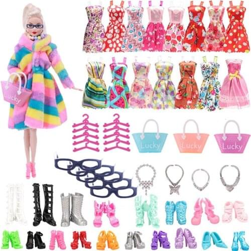 40 Item/Set Doll Accessories=14 Mix Fashion Cute Dress+ 1 Glasses+ 4 Necklaces+2 Hangers 3 Handbag+ 16 Shoes For Barbies Doll
