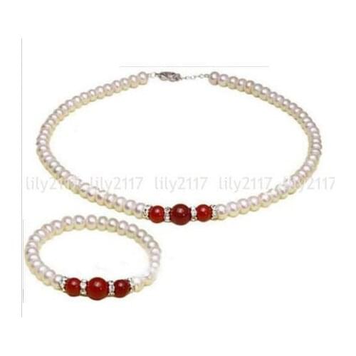 7-8mm Natural White Freshwater Rondelle Pearl &Red Jade Necklace Bracelet set AA