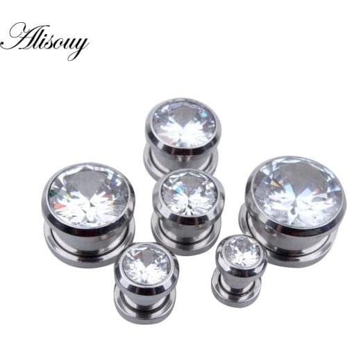 Alisouy 1 Pair Fashion Crystal Zircon Ear Plug & Tunnel Jewelry Stainless Steel Screw Ear Expanders body jewelry for men women