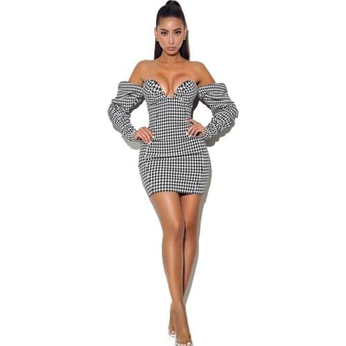 Free Shipping Wholesale New Womens Houndstooth Long Sleeve Strapless Sexy Club Celebrity Cocktail Party Bandage Dress