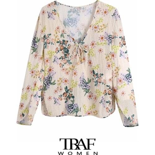 TRAF Za Women Fashion With Ties Floral Print Textured Blouses Vintage Long Sleeve Side Vents Female Shirts Chic Tops