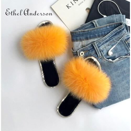 Ethel Anderson Real Fox Fur Fluffy Slippers for Womens Sandals Woman Crystal Decoration Bling Famous Brand Shoes Designer Slide