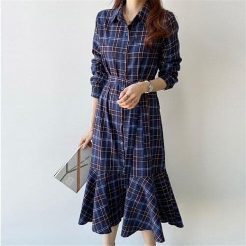 Plaid Cotton Mermaid Long Dress Women 2020 Elegant Lady Dress Singe-breasted Sashes New Autumn Chic Retro Vestidos Long Sleeve