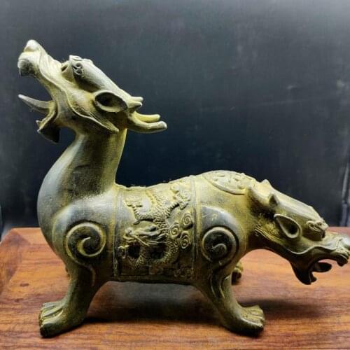 Collection Chinese Folk Feng Shui bronze Ferocious Double Head Beast Statue Evil Spirits Protect Sculpture Ornaments Town house
