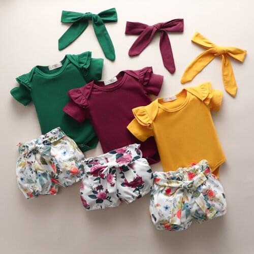 Infant Baby Girls Clothes Set Newborn Baby Short Sleeve Ruffles Romper Tops Floral Print Shorts Outfits Headband Clothes Set