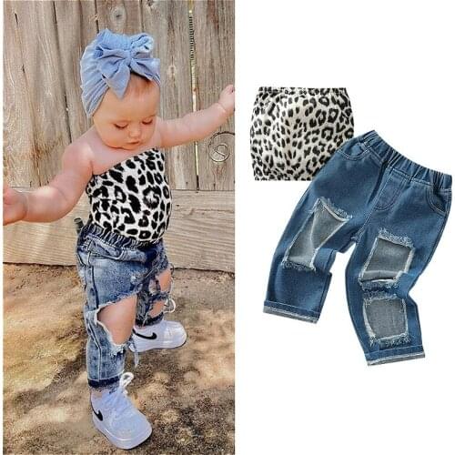 2Pcs Kids Girls Fashion Outfits 2021 Summer Leoaprd Sleeveless Tube Tops + Ripped Hole Denim Pants Sets Baby Clothes 1-6Y
