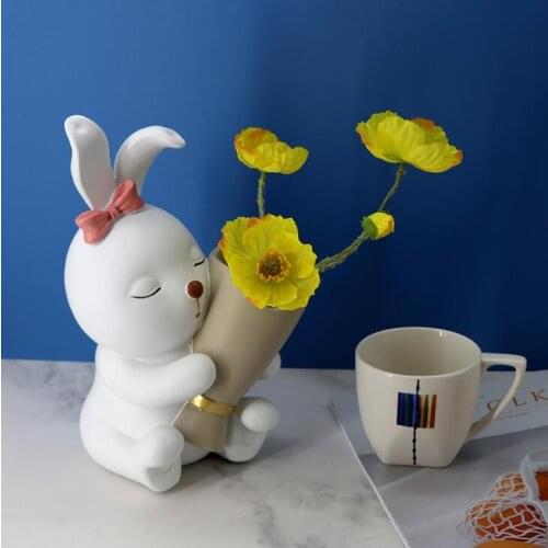 Nordic Cute Rabbit Vase Resin Fake Flower Arrangement Decoration Home room Desk Figurines Accessories Club Table Ornament Crafts