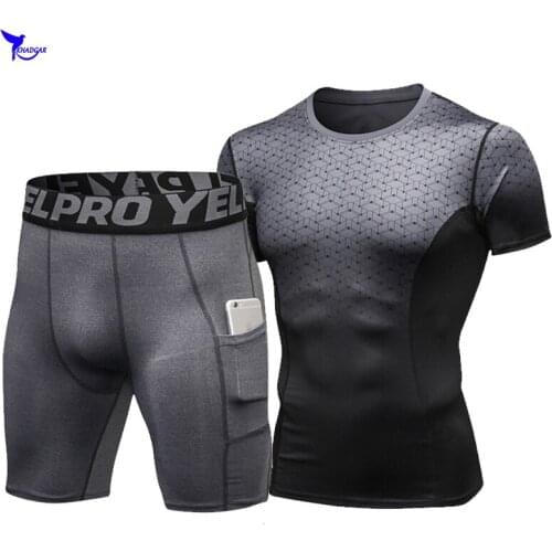 Mens Printing T Shirts+Pocket Shorts Sport Suits Compression Sportswear Running Set Gym Fitness Breathable Training Tracksuits