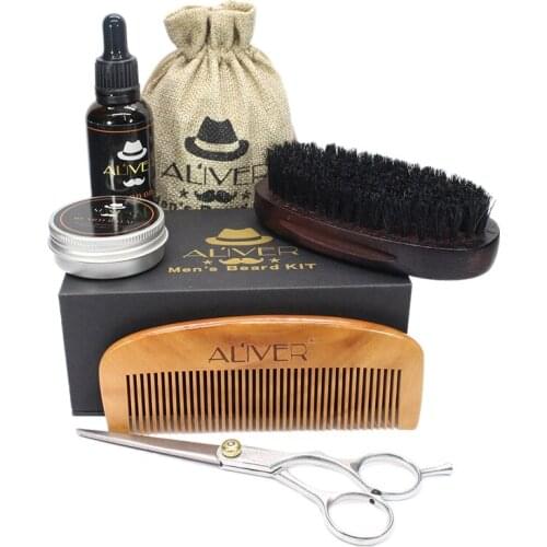 ALIVER 5Pc Beard Styling Cream Beard Oil Kit with Shears Scissors Mustache Hair Care Tool Beard Comb Bristle Brush Grooming Set