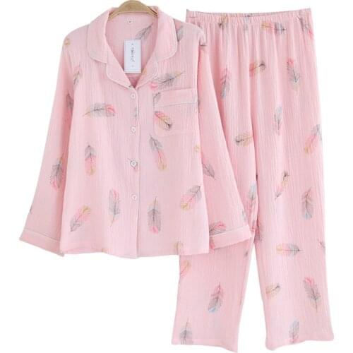 New Winter Womens Cotton Crepe Pajamas Long-sleeved Trousers Pajama Set Feather Print 2-piece Pijama Suit Household Clothes