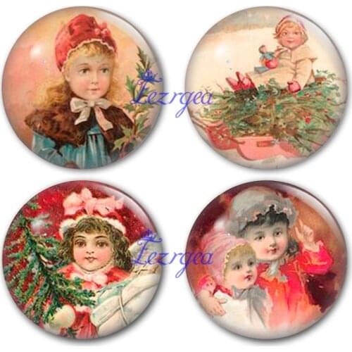 Merry Christmas glass cabochon, christmas tree and pink little girl Round photo glass cabochon demo flat back Making findings
