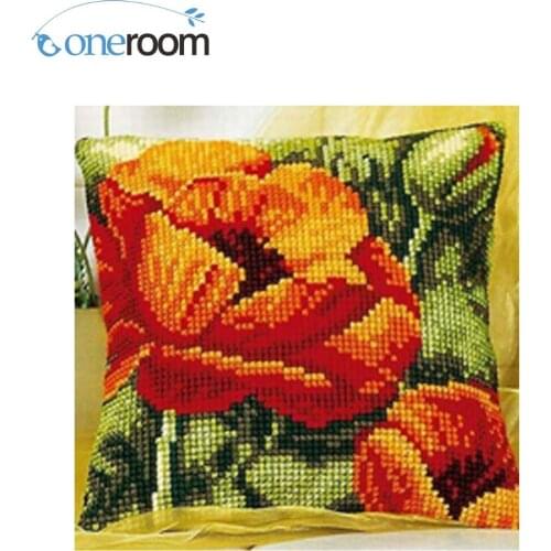 DIY Unfinished Acrylic Yarn Embroidery Pillow Poppy flowers Tapestry Canvas Cushion Front Cross Stitch Pillowcase