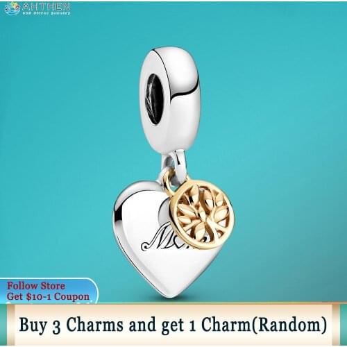 Ahthen 925 Sterling Silver Charm Two-tone Family Tree & Heart Dangle Charm fit Original Pandora Bracelets for Women DIY Jewelry