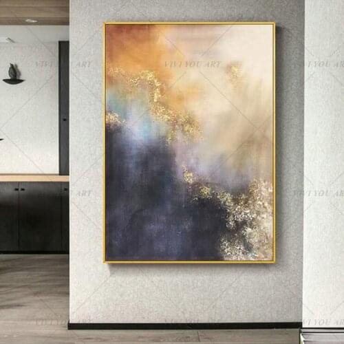 Modern Abstract Gold foil Blue Canvas Art Paintings For Living Room Bedroom 100% Handpainted Wall Poster Home Decor