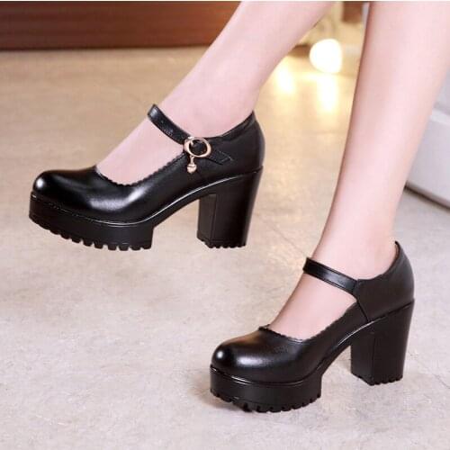Big thick with round head 8cm high heels buckle shallow mouth commuter professional work shoes cheongsam model catwalk