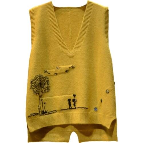 Yellow Women Embroidered V-neck Knitted Sweater Vest Femal Cartoon Pattern Frill Loose Sleeveless Bottoming Pullover Sweater top