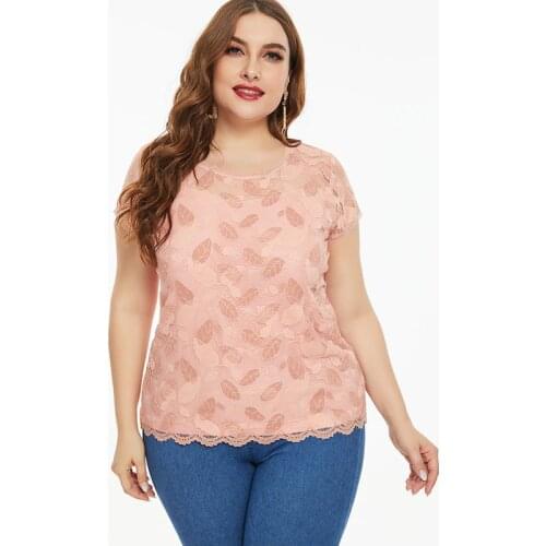 2021 Summer Women Short sleeve Pink Lace top and blouset fashion ladies Casual clothes Plus Size Womens Hollow Tops