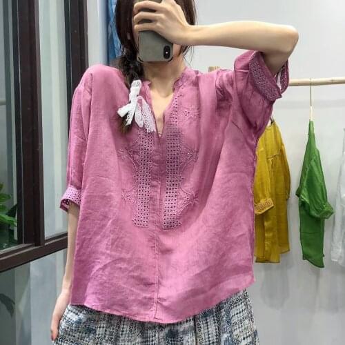 Women Summer Solid Color Ramie Shirt Blouse Tops Ladies Vintage Hollow Out Tops Blouse Female 2021 Shirt