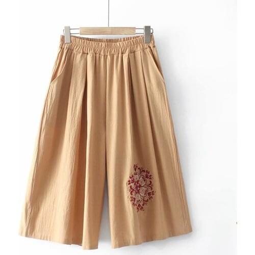 Plus size pants with high waist 2021 fashion Navy Khaki embroidery wide leg pants summer woman Casual loose Women trousers