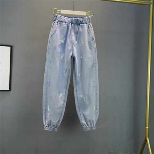 Women summer harem denim pants diamond crystal letter heavy handmade baggy jeans ladies glitter drawstring elastic bead trouser