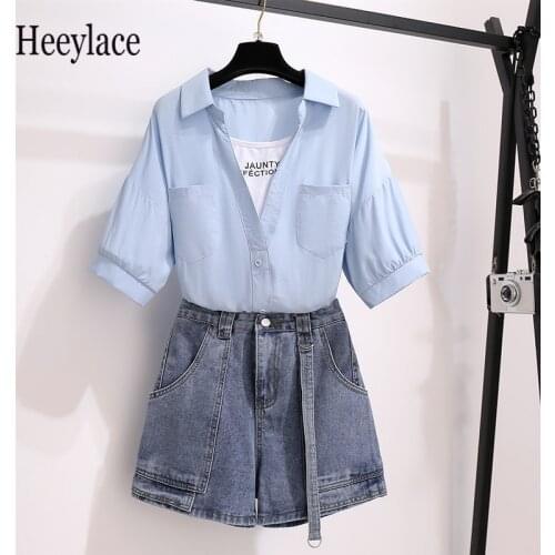 Summer Korean Casual Two Pieces Set For Women fake two piece patchwork Short Sleeve Shirt Top + Denim Shorts Sets Female Outfits