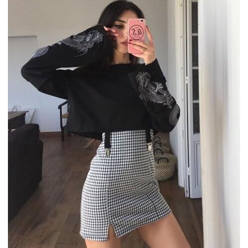 Gothic Style Cool Women Long Sleeve Sweatshirt with Stocking clip Jumper Crop Top Dragon Printing Pullover Tops