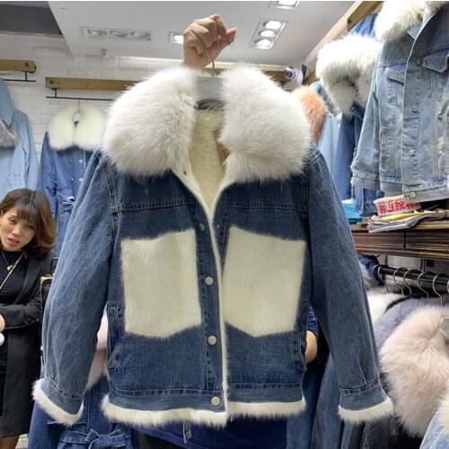 European station winter clothing 2019 new tide stitching lambskin short coat really big fur collar denim women cotton coat