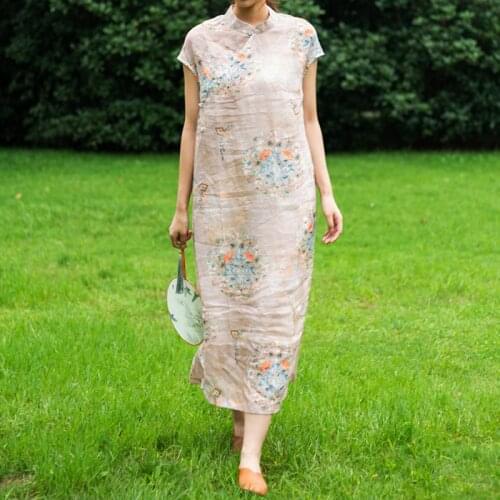 Johnature Women Ramie Print Floral Dresses Stand Button Chinese Style Cheongsam 2021 Summer New Female Clothes A-Line Dresses