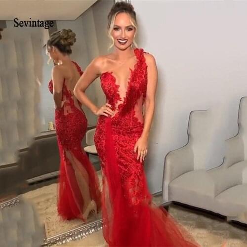 Sevintage Red One Shoulder Long Evening Dresses Lace Appliques Beaded Formal Prom Party Wear robe de soiree