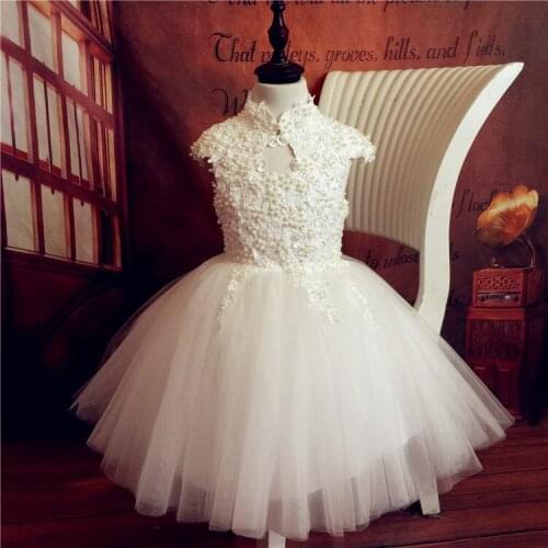 Elegant Girls Summer Dress White Lace Sequin Wedding Dress High Collar Party Princess Birthday Dress First Communion Gown