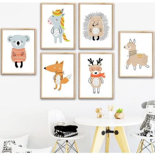 Baby Room Cartoon Unicorn Koala Deer Fox Alpaca Wall Art Canvas Painting Nordic Posters And Prints Wall Pictures Kids Room Decor