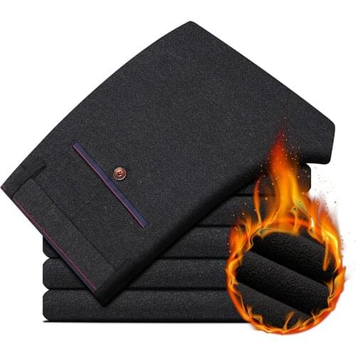 2019 New Autumn Winter Men Fleece Thick Pants Warm Baggy Cotton Trousers For Male Straight Business Casual Stretch Pants CYL42