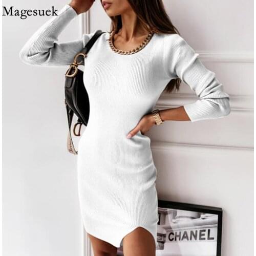 Autumn and Winter Long Sleeve Knitted Dress Empire Sheath Party Mini Dress O-Neck Chain Vintage Dresses For Women Vestidos 12591