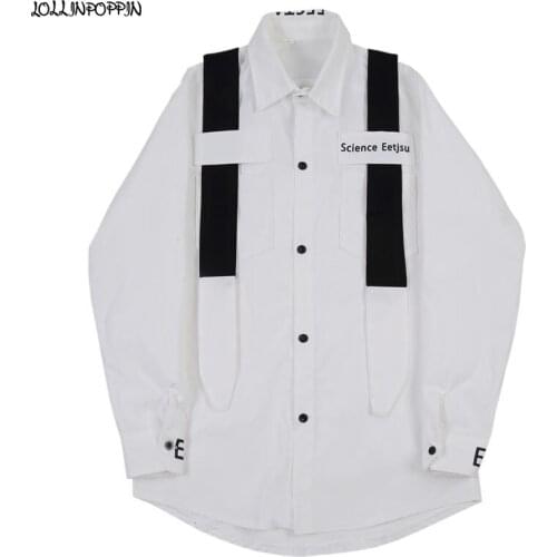Punk Men Long Sleeve Casual Shirt With Detachable Tie 2020 New Turn Down Collar Letters Printed Long Sleeves White