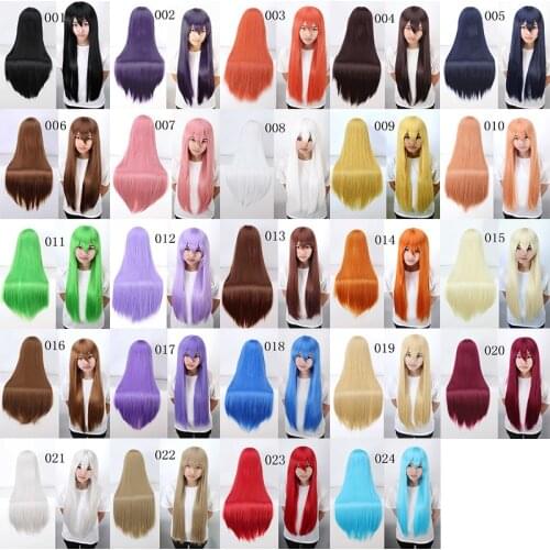 90cm 24 Colors Adult Women Synthetic Hair Long Straight Bang Wig Heat Resistant Blue Pink Purple Black Daily-wear Wig Free Cap
