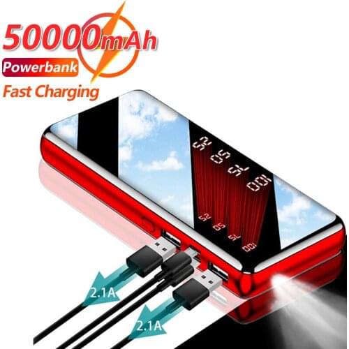 Portable Power Bank 50000mAh Mirror LCD Digital Display Quick Charger with LED Light External Battery Suitable for Xiaomi IPhone