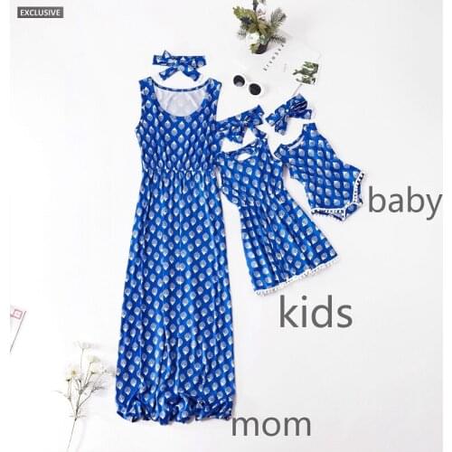 Blue Geometric Print Sleeveless Bow Dress for Family Parent-Child Matching Outfit Mother Daughter Dresses Pajamas Party Summer