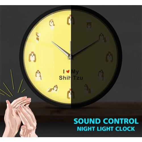 Shih Tzu Nursery Animal LED Wall Clock Chinese Lion Dog Sound Activated Night Light Lamp Metal Frame Silent Timepiece