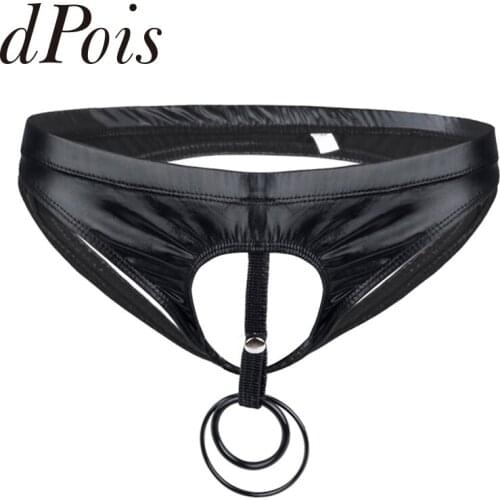 Men Sexy Patent Leather Briefs Bikini Underwear Underpants with Open Penis Hole O-Rings Open Butt Gay Mens Male Panties
