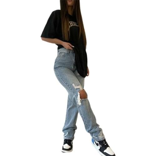 Female Ripped Jeans, High Waist Hollow Out Trousers Straight-Leg Pants for Spring Summer Fall, Light Blue, XS/S/M/L